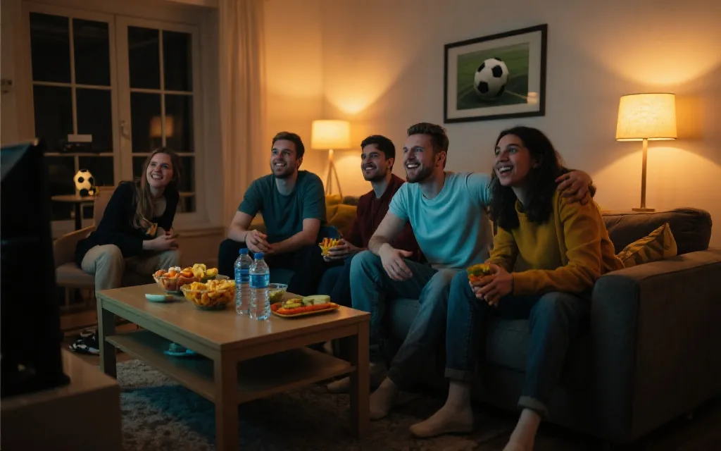 朋友在客厅深夜观赛，温暖灯光与健康小食的世界杯聚会场景